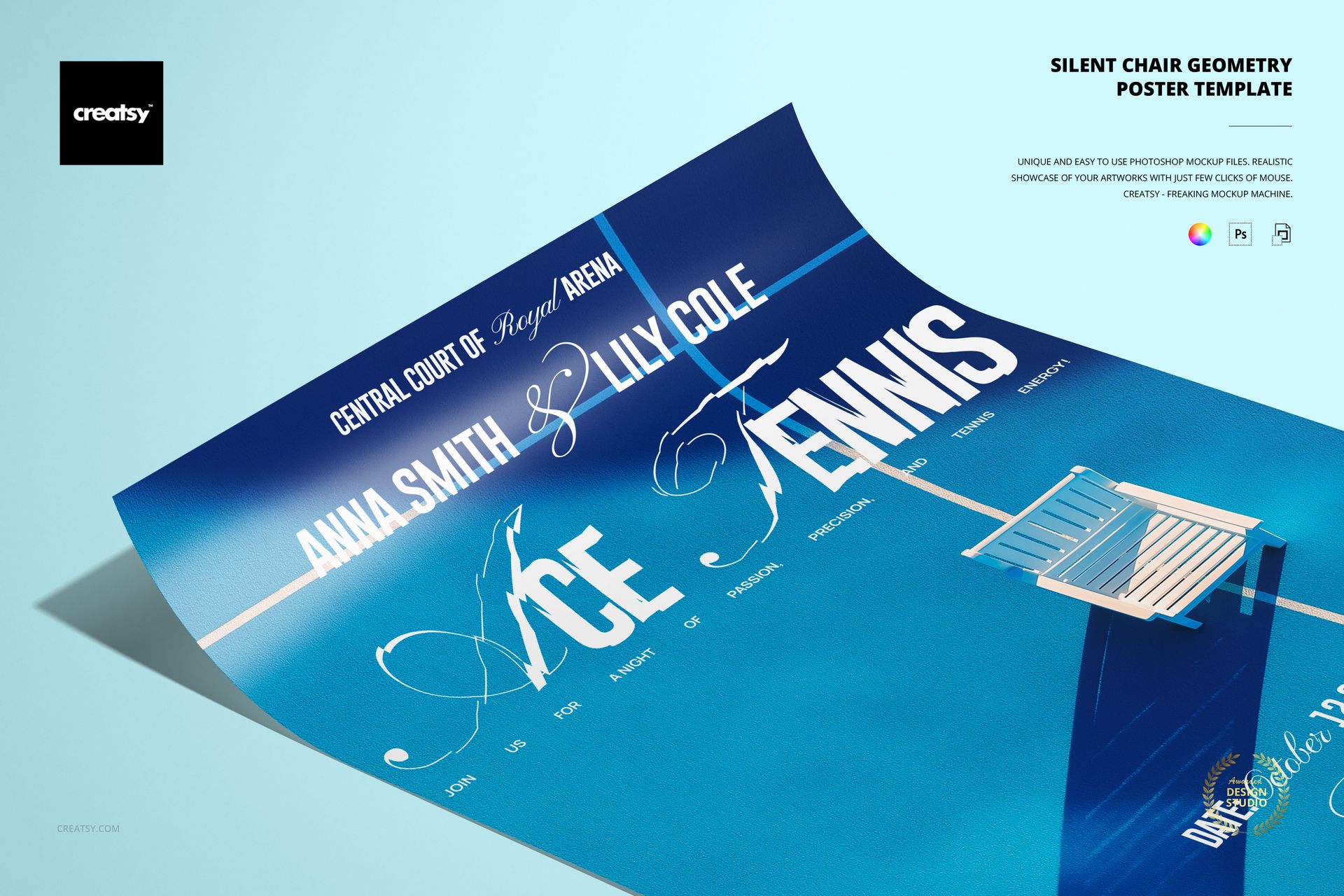 Blue geometry-themed poster mockup with bold white lettering and a minimalist chair graphic, shown from an angled perspective.