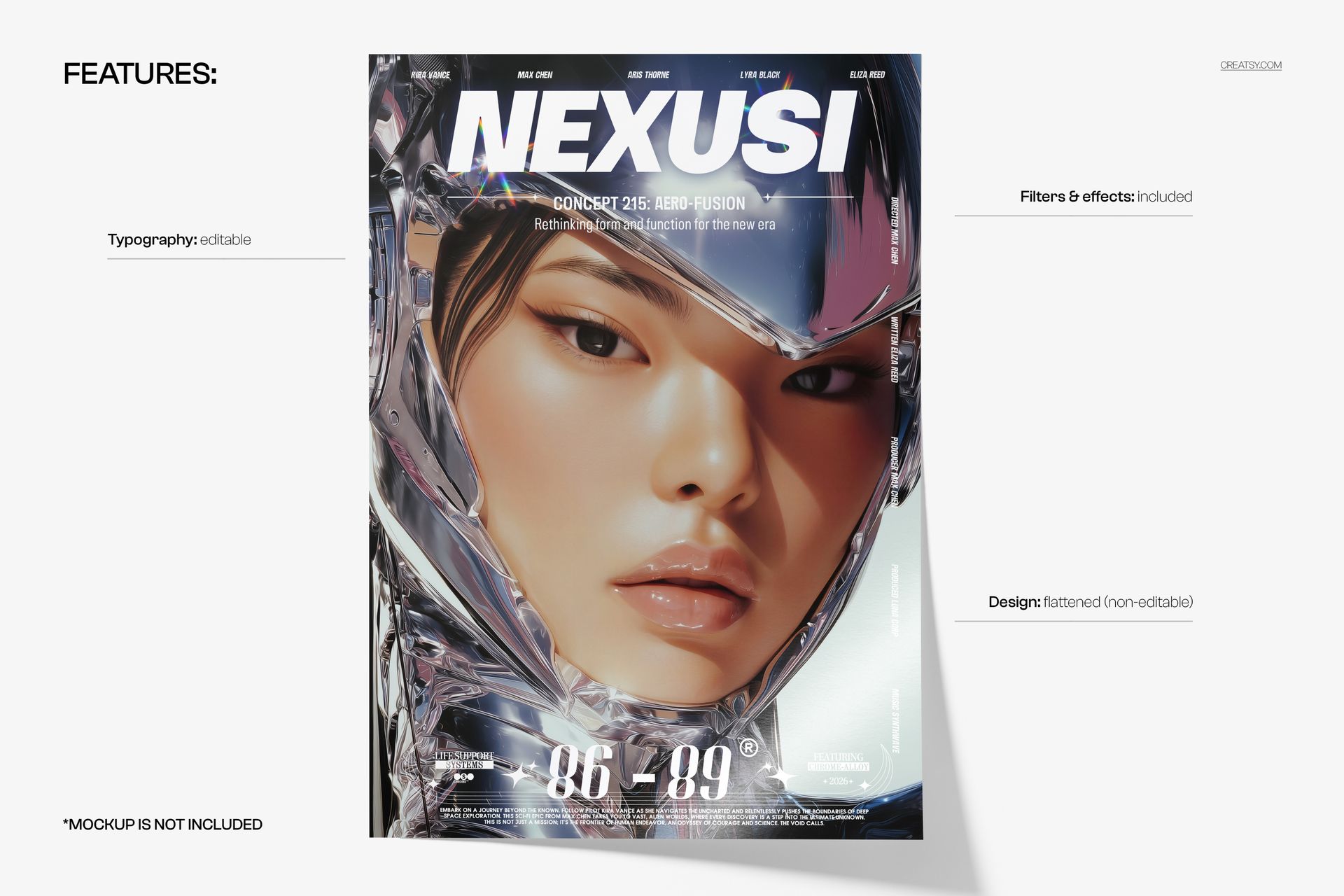 Front view of a futuristic poster mockup with metallic abstract patterns and editable typography, displayed on a white background.