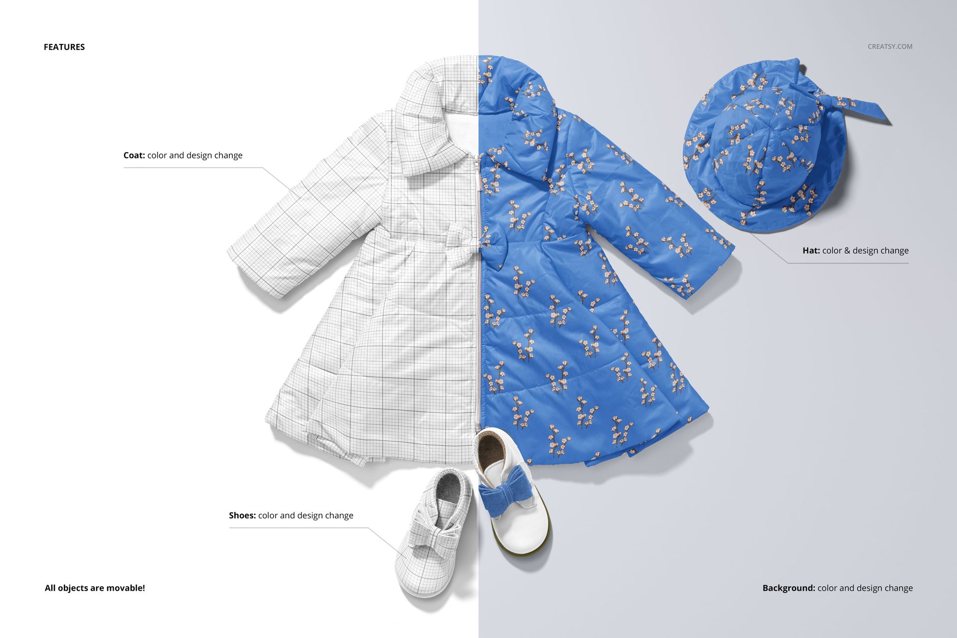 Front view of a baby coat, hat, and shoes mockup set, with half in blue floral pattern and half in white grid design.