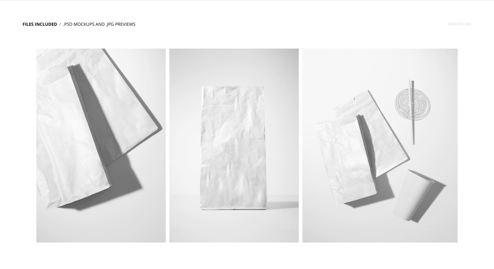 Set of paper fast food bags displayed in three mockup scenes, including top and front views with cup and straw props.