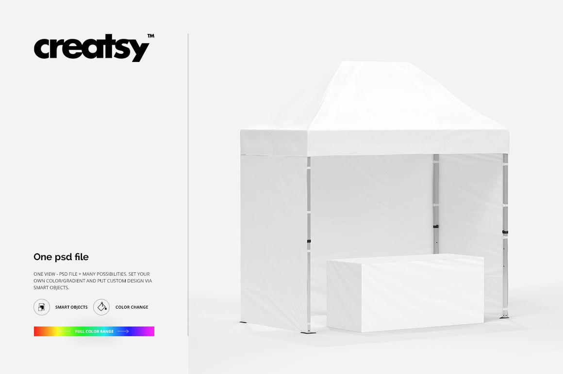 White pop up tent mockup with a peaked roof and metal legs, shown with a matching table in a minimal scene.