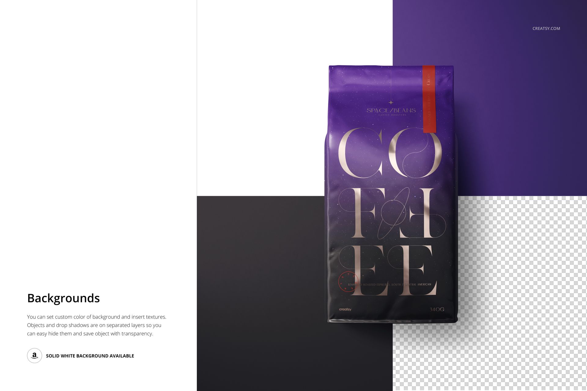 Glossy coffee bag mockup shown from the front, featuring a purple and black design on a geometric background.