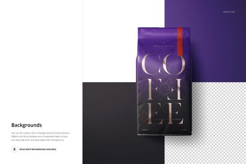 Glossy coffee bag mockup shown from the front, featuring a purple and black design on a geometric background.