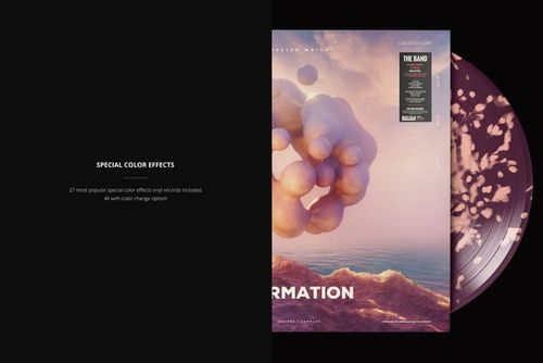 Colored vinyl record mockup showing a close-up of the disc and album cover featuring pastel abstract shapes over water.