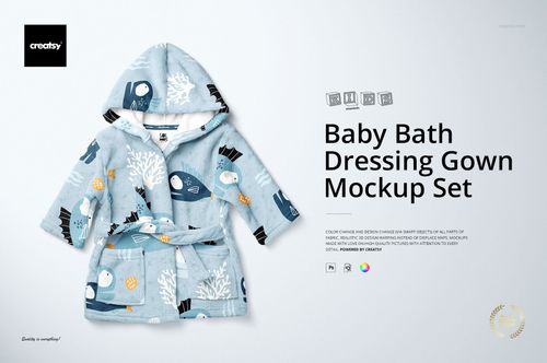 Mockup of a baby bath dressing gown featuring a blue base with white coral and animal motifs, shown from the front.