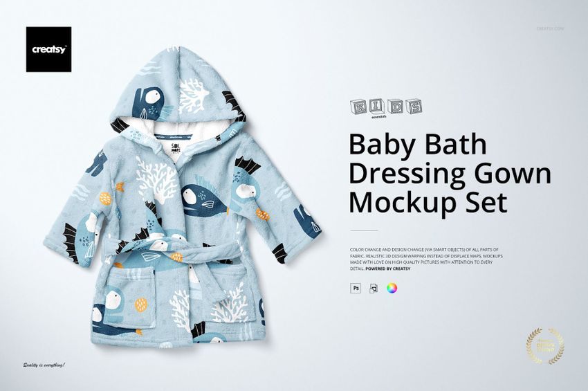 Mockup of a baby bath dressing gown featuring a blue base with white coral and animal motifs, shown from the front.