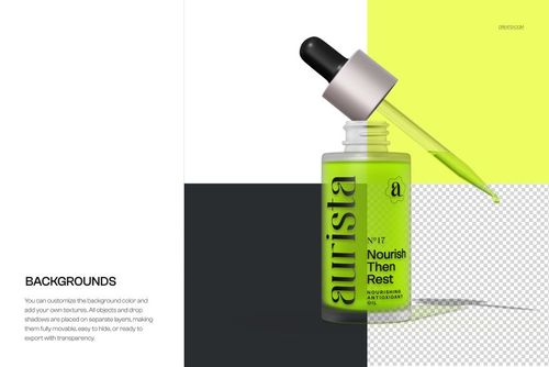 Cosmetic dropper resting on the rim of an open bottle with green liquid, PSD mockup, front perspective, multi-color backdrop.