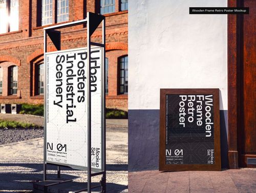 Outdoor advertising mockup showing a tall vertical sign and a framed poster on a sunlit urban sidewalk near brick buildings.