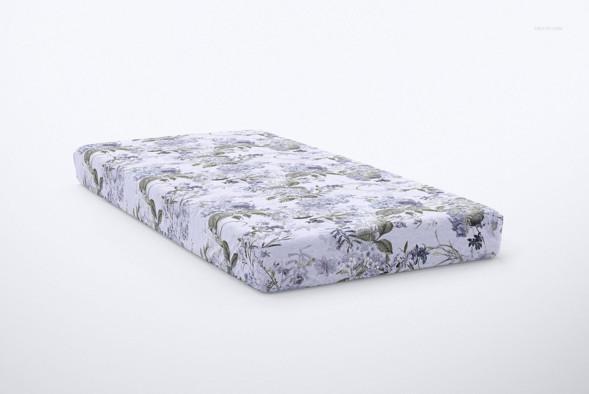 Brushed cotton sheet mockup featuring a subtle botanical design in pastel colors, displayed on a plain background.