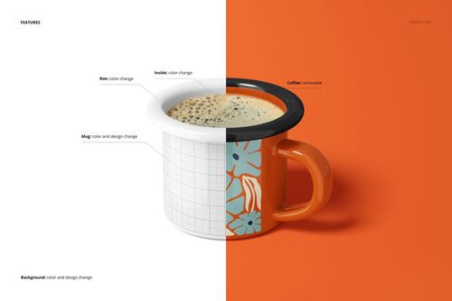 100ml enamel mug mockup shown in split view, with one half displaying a grid design and the other half featuring a floral orange pattern.