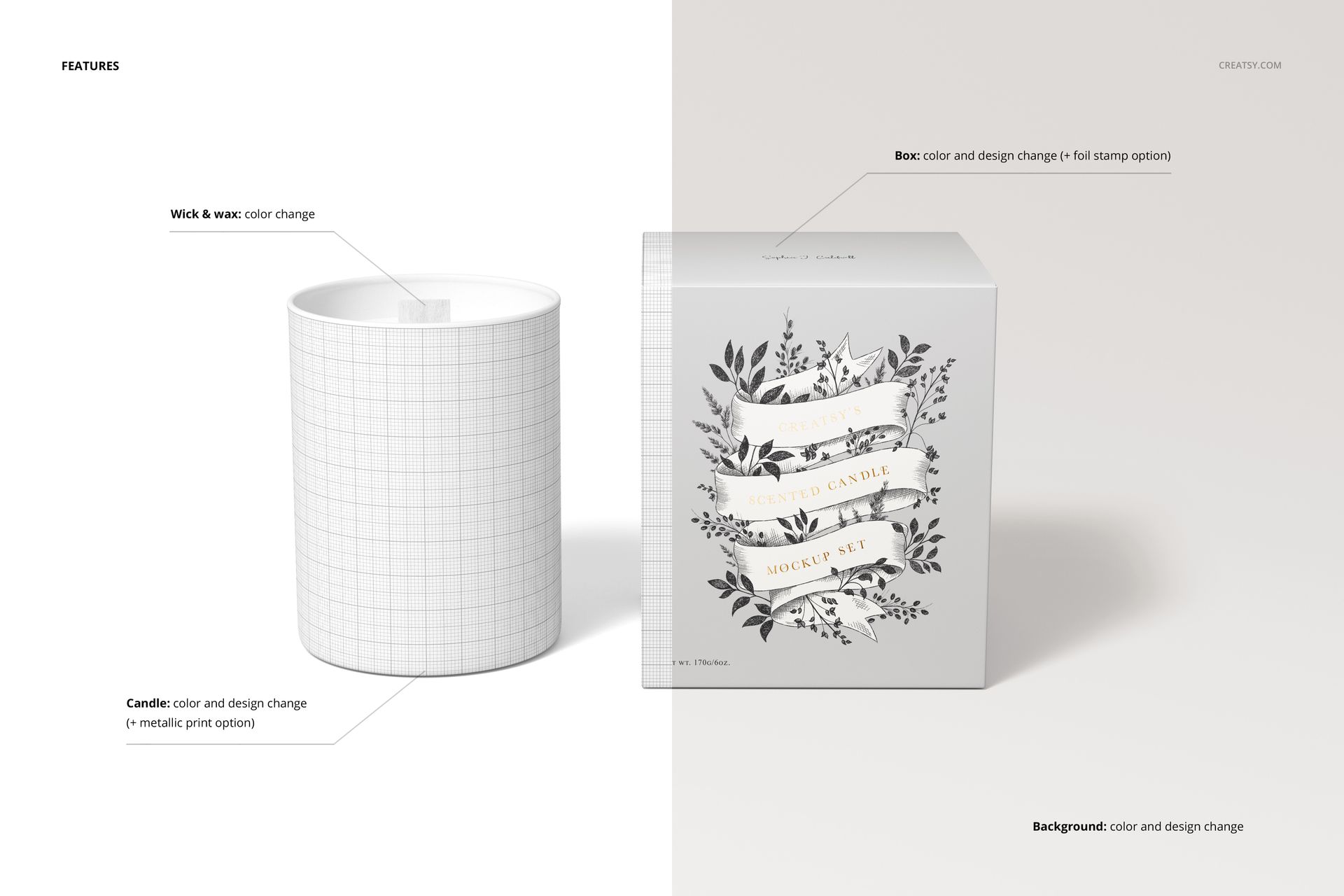 Wooden wick candle mockup featuring a cylindrical white candle and a floral patterned box on a neutral surface.