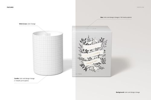 Wooden wick candle mockup featuring a cylindrical white candle and a floral patterned box on a neutral surface.