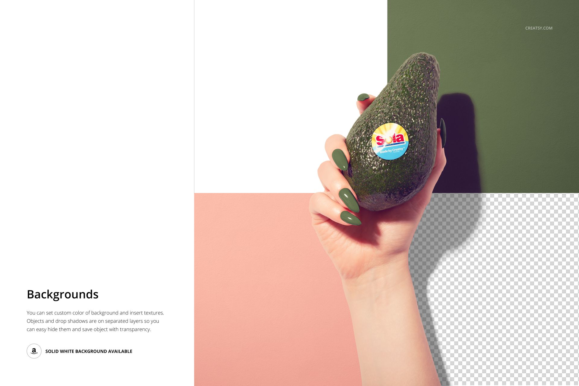Hand holding a ripe avocado with a round colorful sticker, set against a geometric pastel background, PSD mockup.