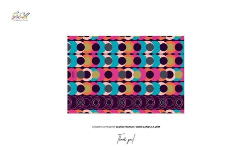 Rectangular habotai silk scarf mockup featuring a colorful geometric pattern with circles and stripes on a white background.