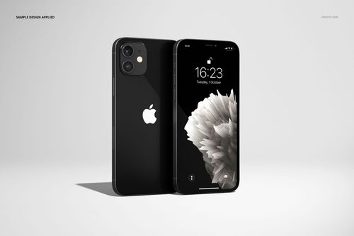 Black iPhone 12 mockup set featuring one device facing forward with a grayscale wallpaper and one showing the rear.
