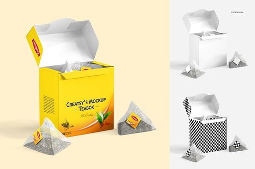 Tea box mockup set featuring three variations: yellow, white, and checkered boxes with pyramid tea bags, shown from a front angle.
