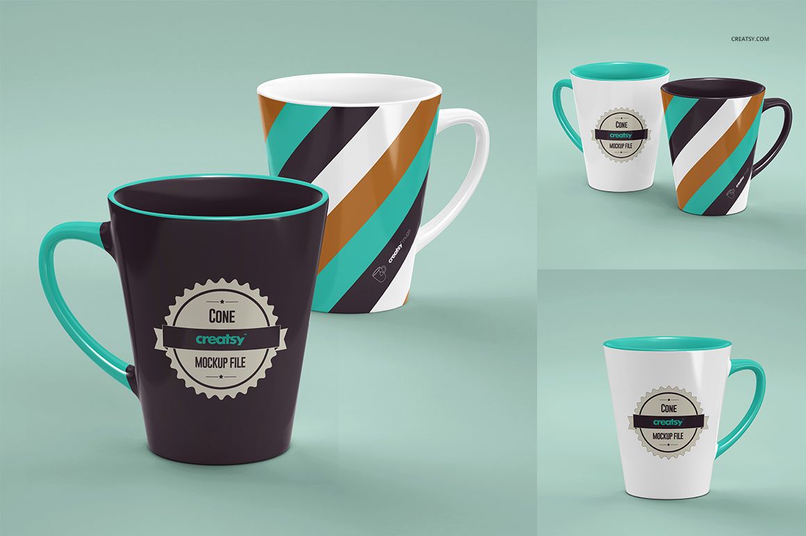 PSD mockup of cone shape mugs with colorful stripes and teal rims, presented on a soft green surface.