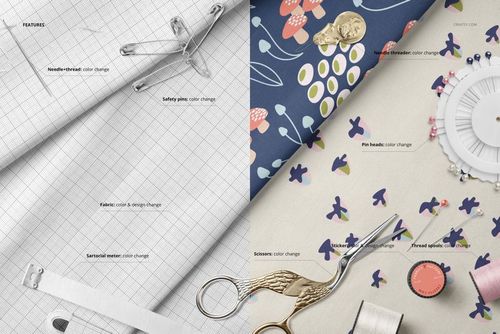 Top view of cotton fabric mockup with floral and grid patterns, surrounded by sewing tools and colorful threads.
