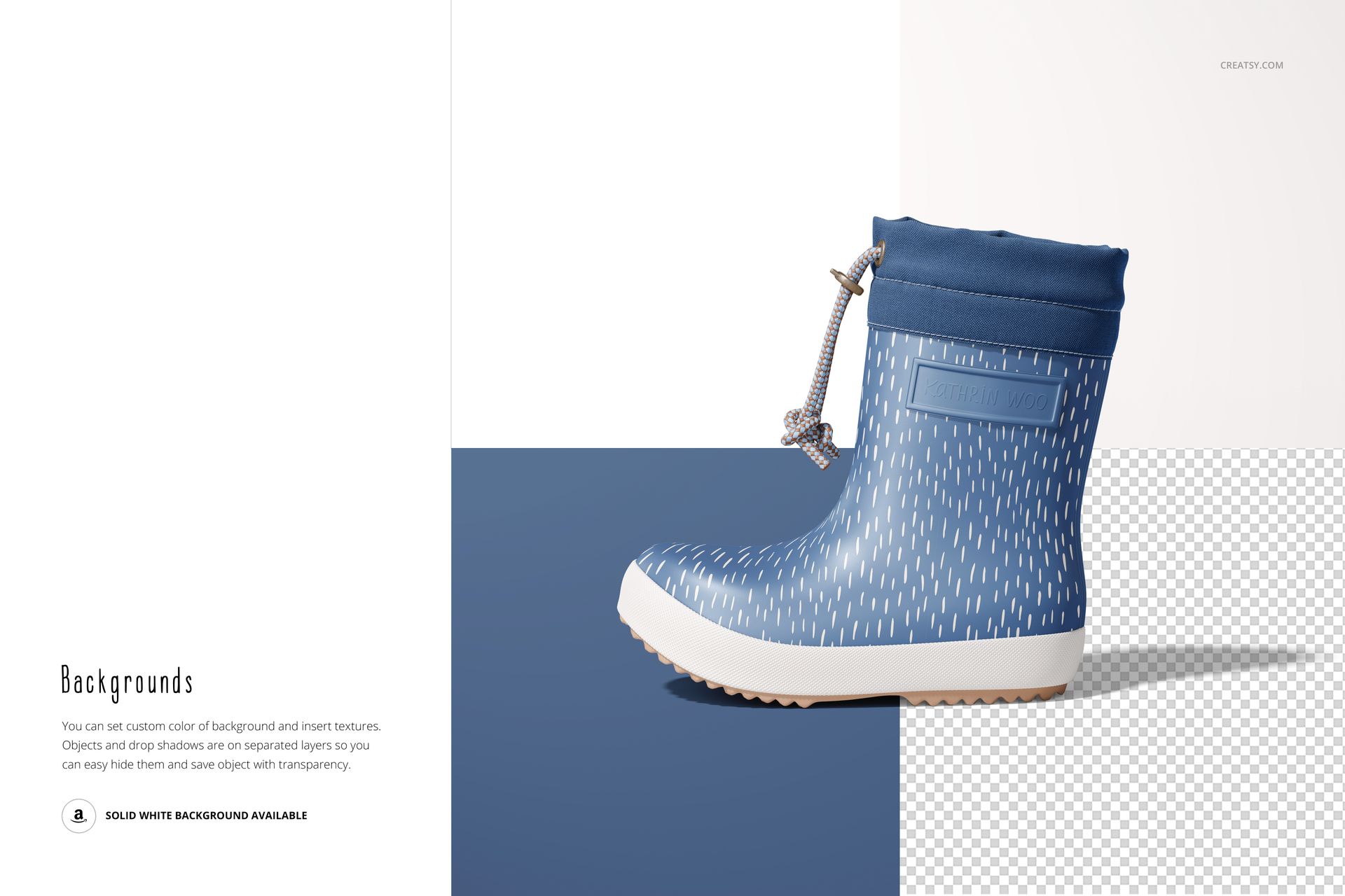 Blue kids rain boot with white dotted pattern, front side view on a white and transparent background mockup.
