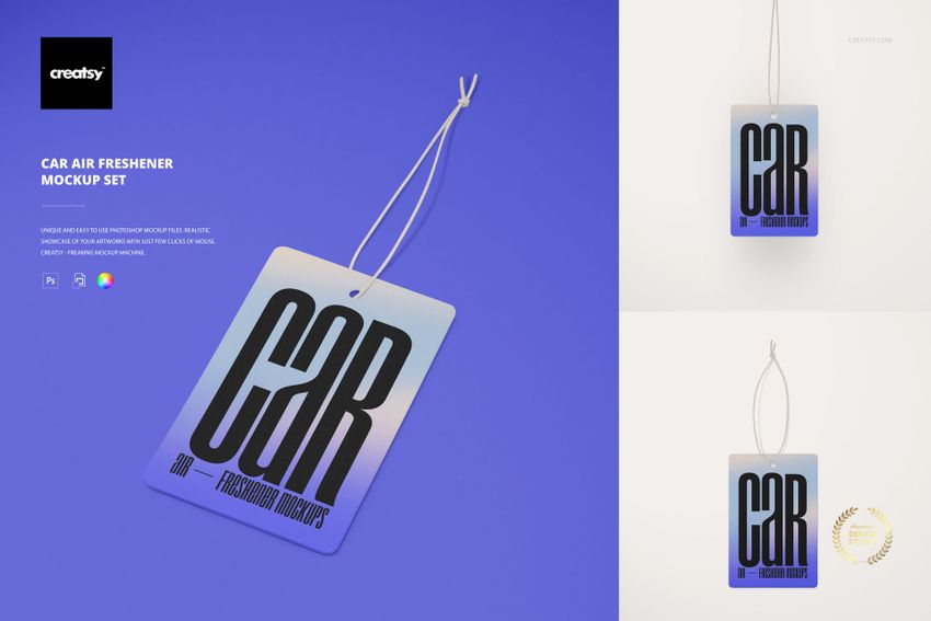 Rectangular car air freshener mockup with gradient blue and purple colors, front view on a solid background.