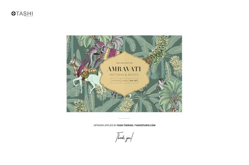 Fabric stack mockup featuring various botanical and tropical motifs, set on a basalt rock with palm trees in the background.