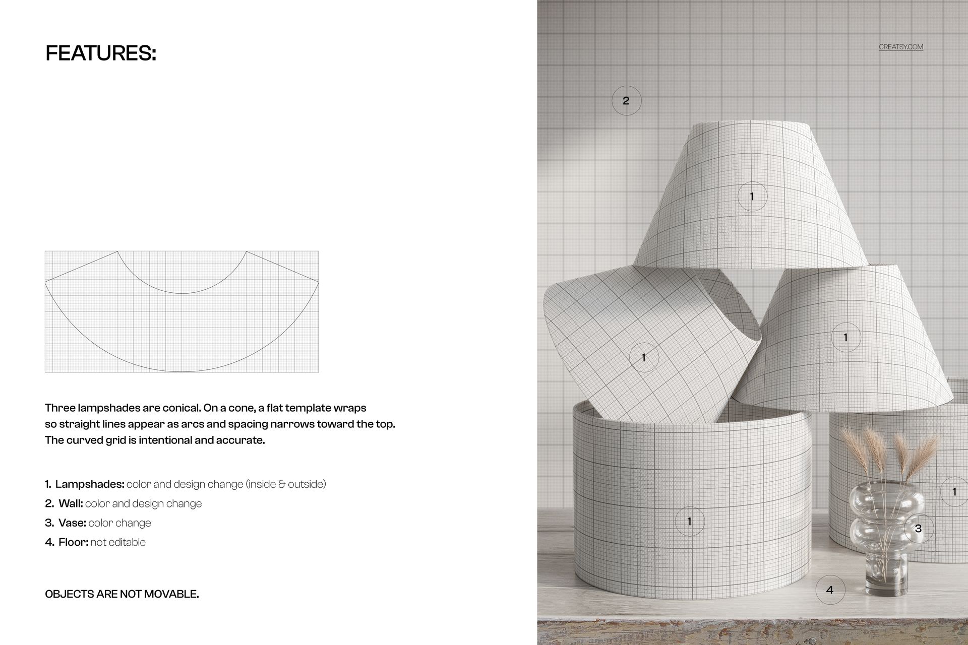 Three conical and cylindrical lampshades with a grid pattern displayed on a light surface, front view mockup.