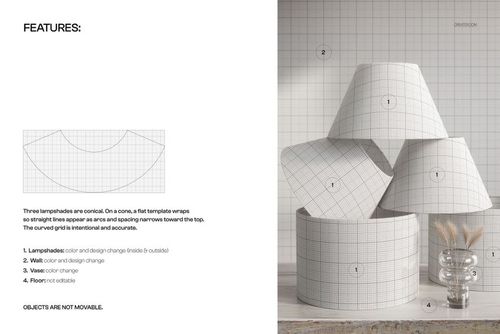 Three conical and cylindrical lampshades with a grid pattern displayed on a light surface, front view mockup.