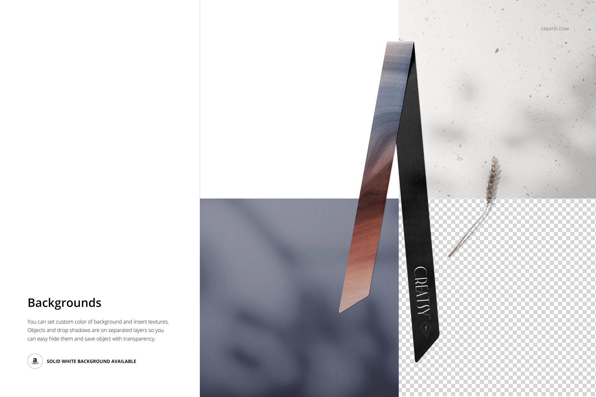 Silk twilly fabric mockup displayed at an angle with gradient colors, set against a minimal background with props.