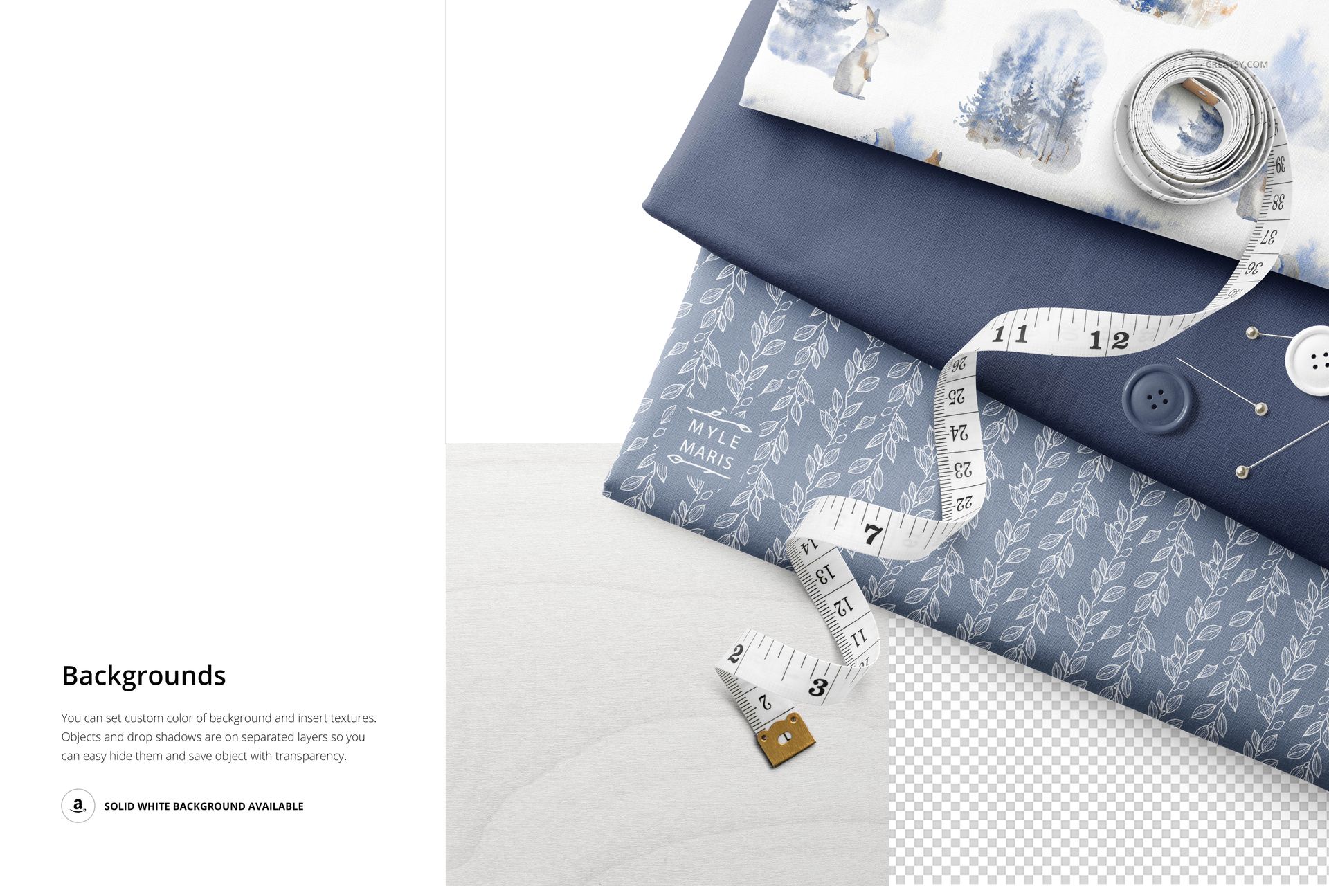 Stacked folded fabric mockup set in various shades of blue and white, decorated with nature-inspired designs and sewing accessories.