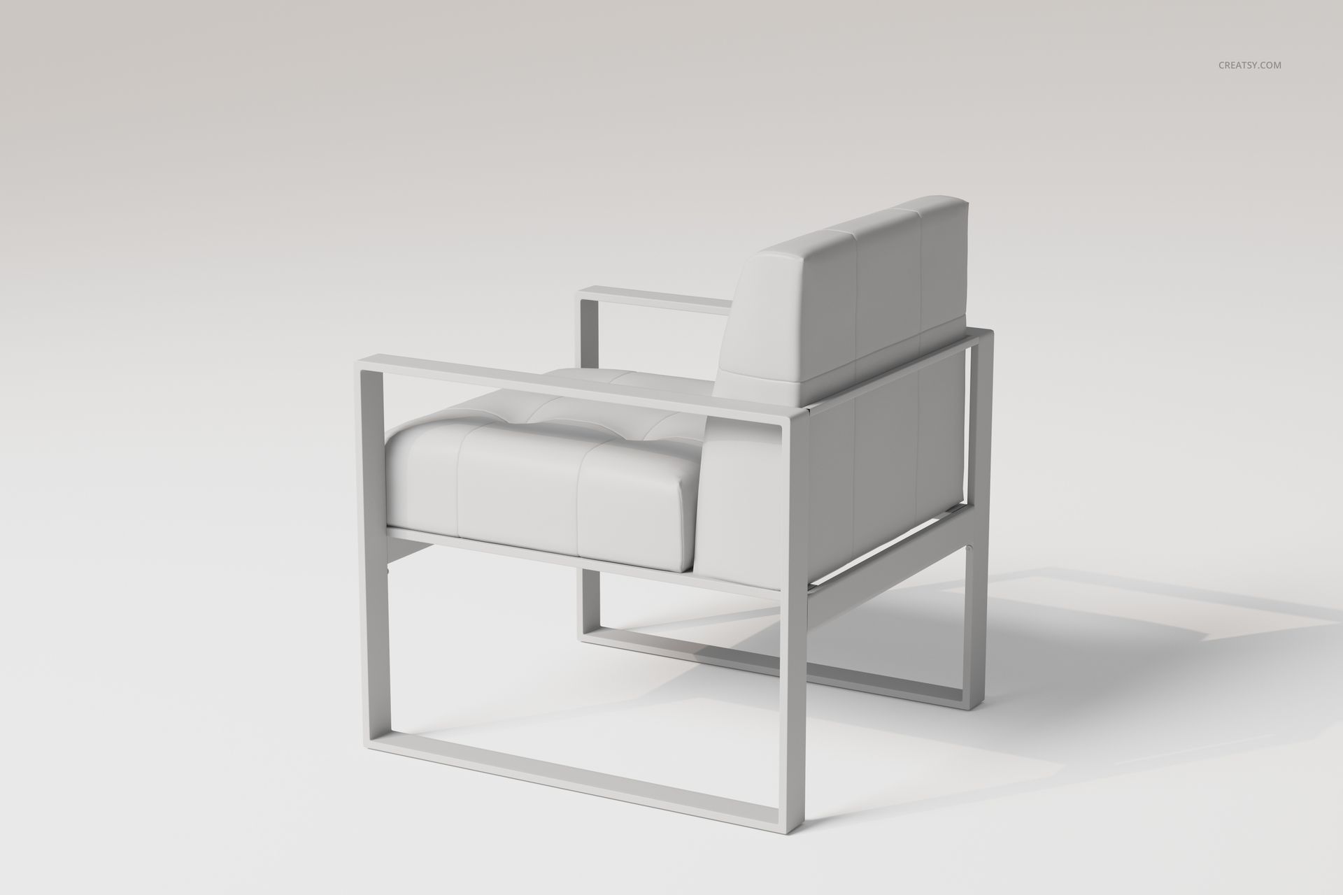 Modern armchair with a boxy metal frame and tufted white upholstery, shown from a rear side angle on a plain background.
