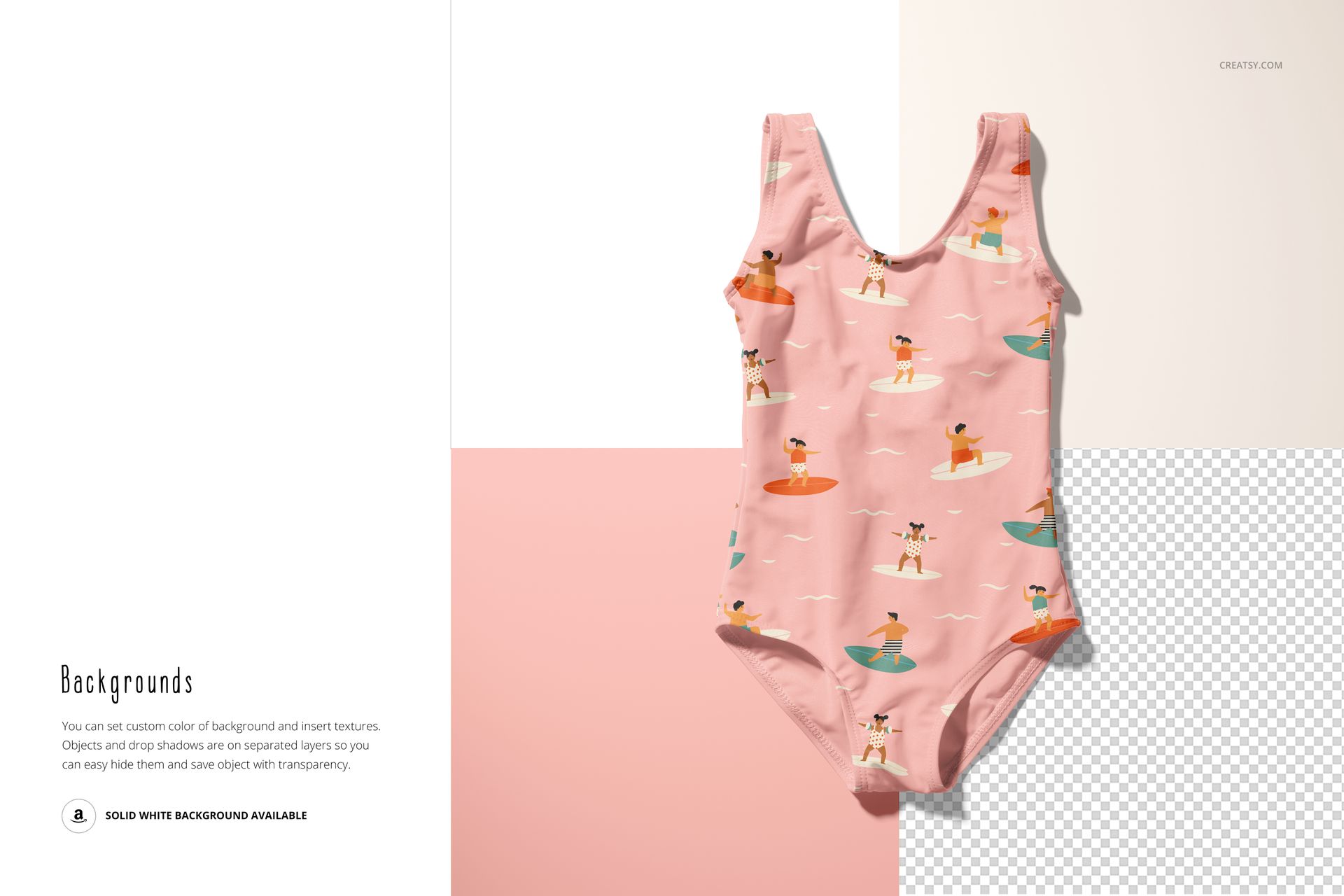 Front view of a baby swimsuit mockup with a pink background, featuring playful surfing illustrations on the fabric.