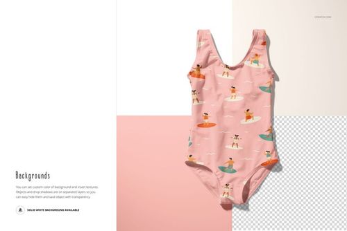 Front view of a baby swimsuit mockup with a pink background, featuring playful surfing illustrations on the fabric.