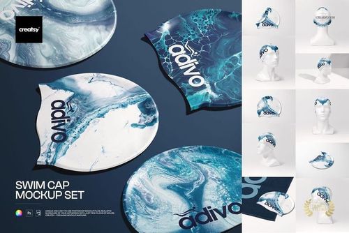 Swim cap mockup set featuring blue and white marble patterns, flat lays, grouped caps, and mannequin head views.