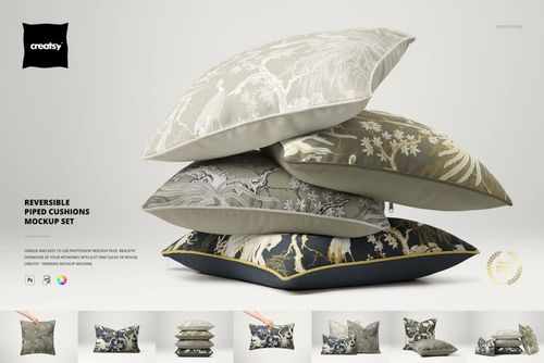 PSD mockup of reversible cushions with contrasting patterns and colors, arranged in a layered stack on a light background.