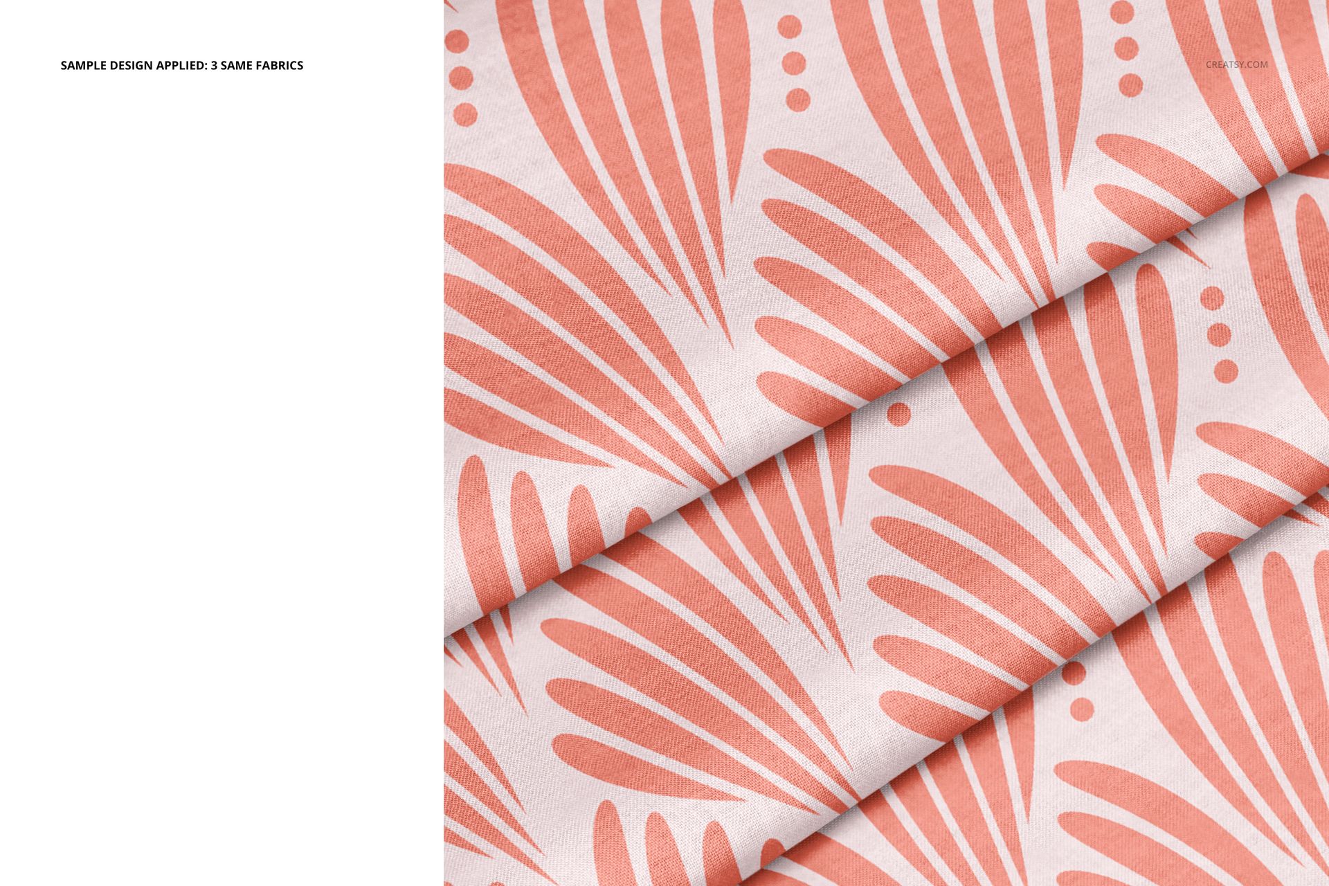 Cotton fabric mockup with three folded pieces featuring a coral abstract leaf pattern on a white background, top view.