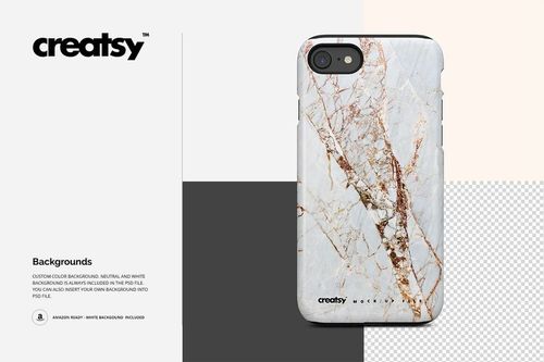 Front view of a marble-patterned iPhone 7 case mockup displayed against white, gray, and transparent backgrounds.