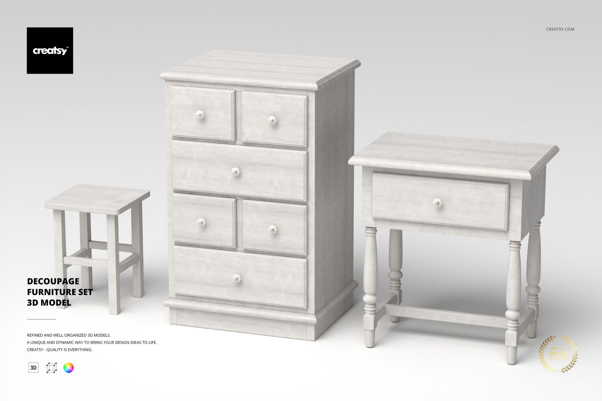 Front view of a decoupage furniture set featuring a whitewashed chest of drawers, side table, and small stool on a light background.