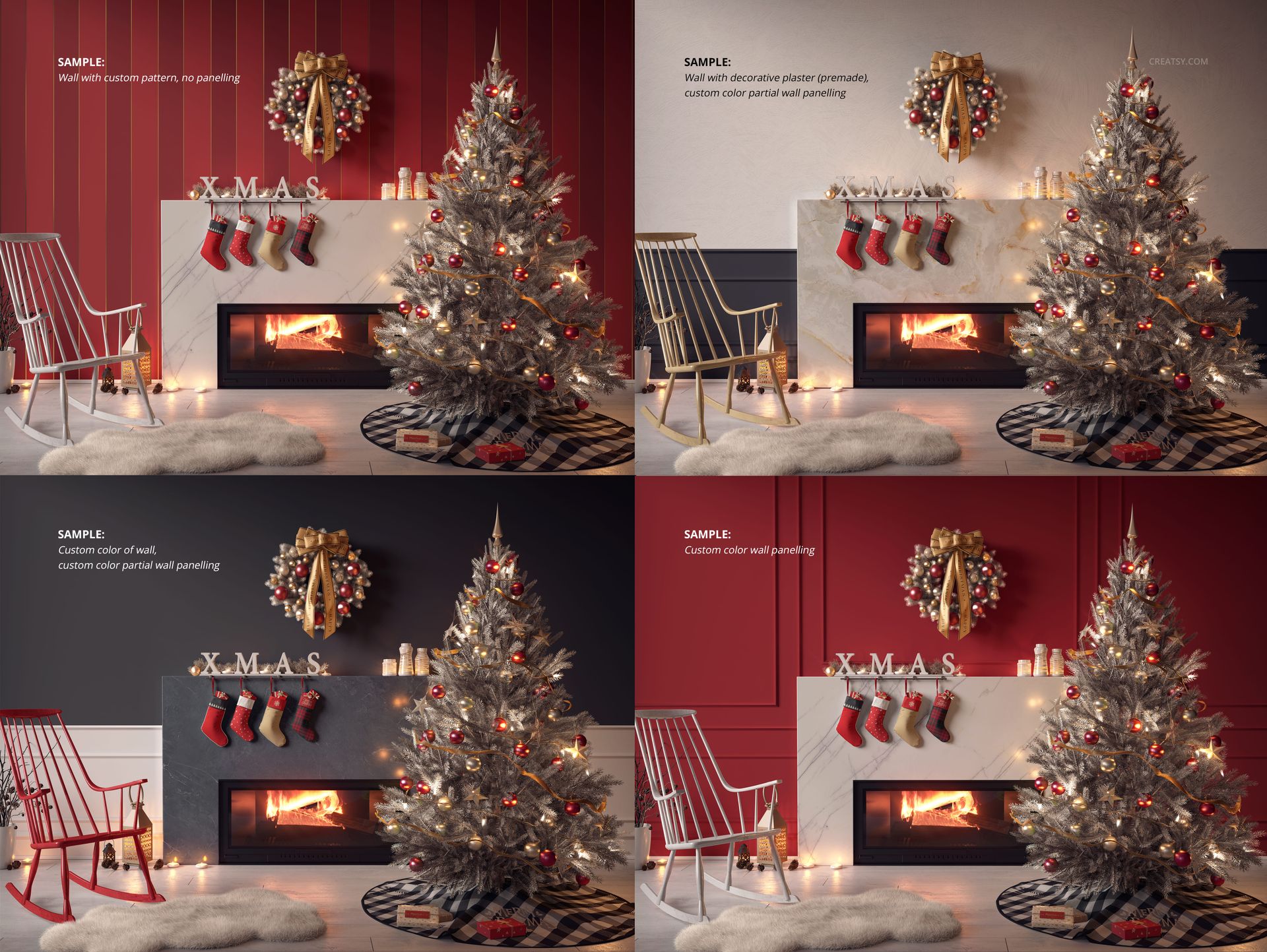 Christmas tree skirt mockup featuring a decorated tree, stockings on a fireplace, and rocking chairs in a festive living room.