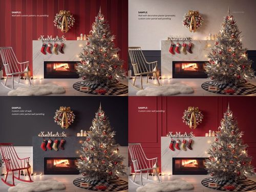 Christmas tree skirt mockup featuring a decorated tree, stockings on a fireplace, and rocking chairs in a festive living room.