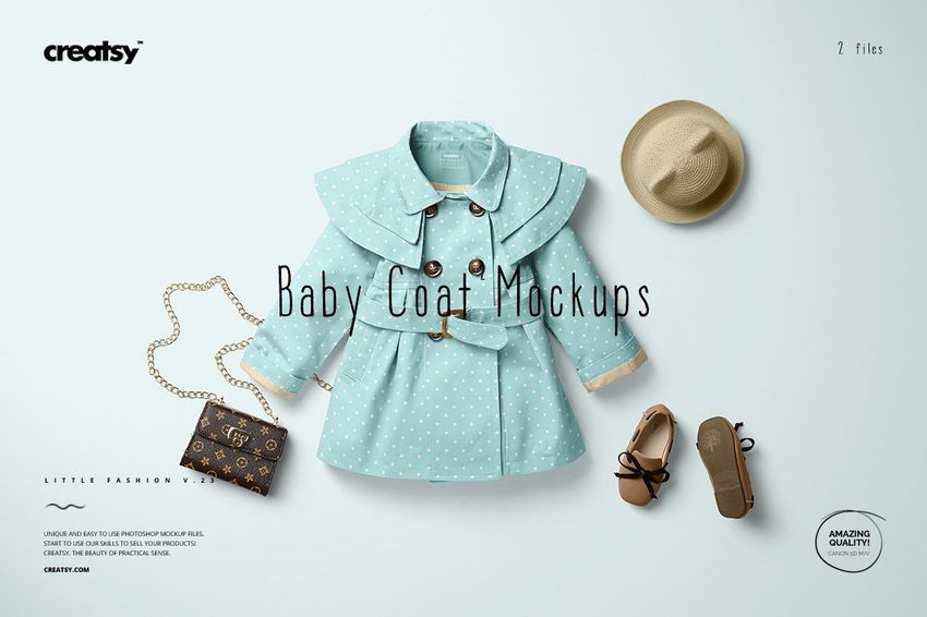 Front view of a pastel blue baby coat mockup with polka dot pattern, styled with accessories on a light background.