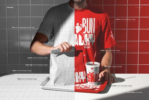 Mockup showing a man in a red t-shirt holding a fast food paper bag and cup, split into grayscale and color halves.