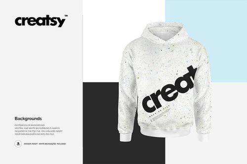 Front view of a men's hoodie mockup without drawcords, shown on a white background with abstract speckle design and large black lettering.