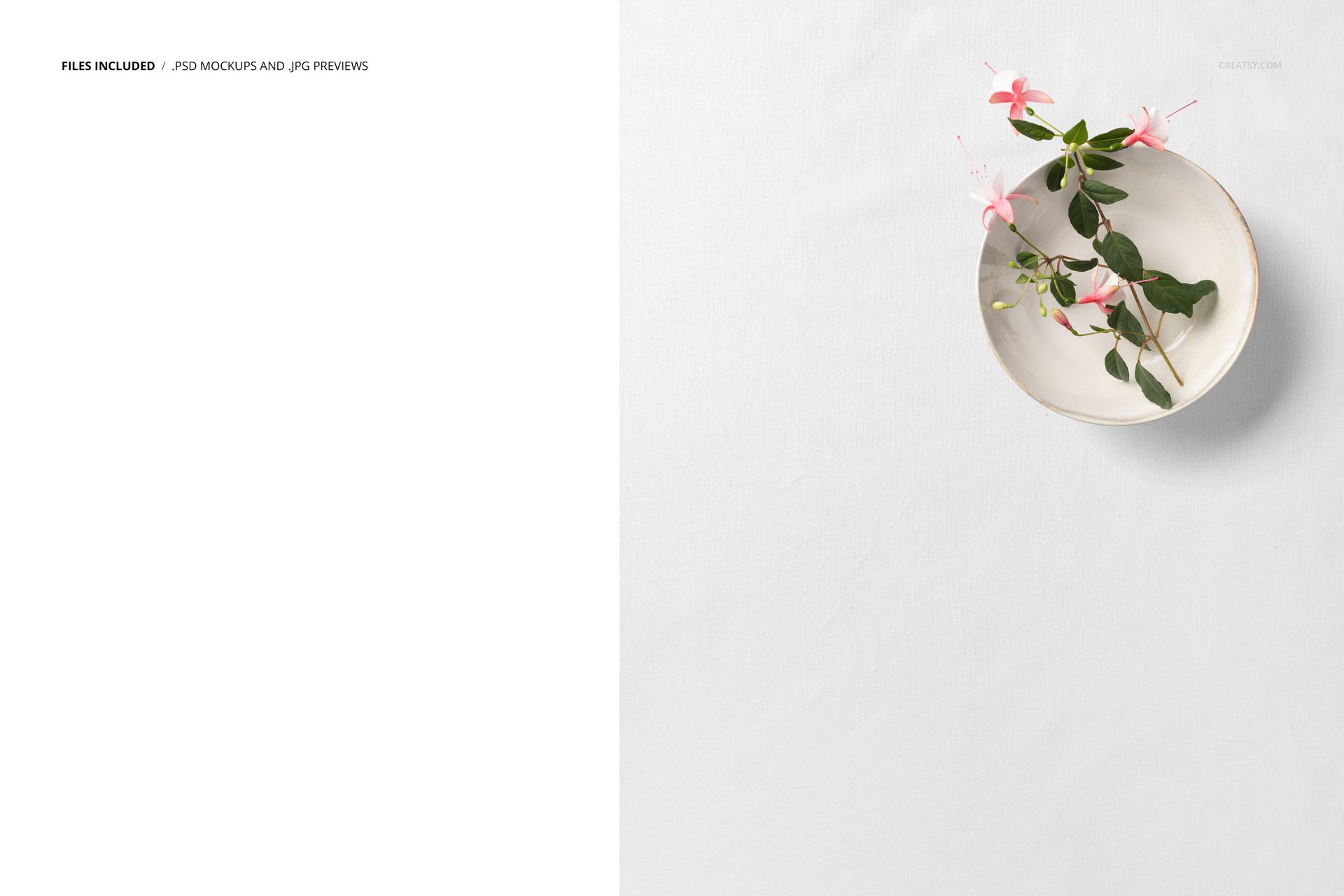 Top view of a cotton fabric mockup with a white background, featuring a ceramic bowl and pink flowers on the right side.