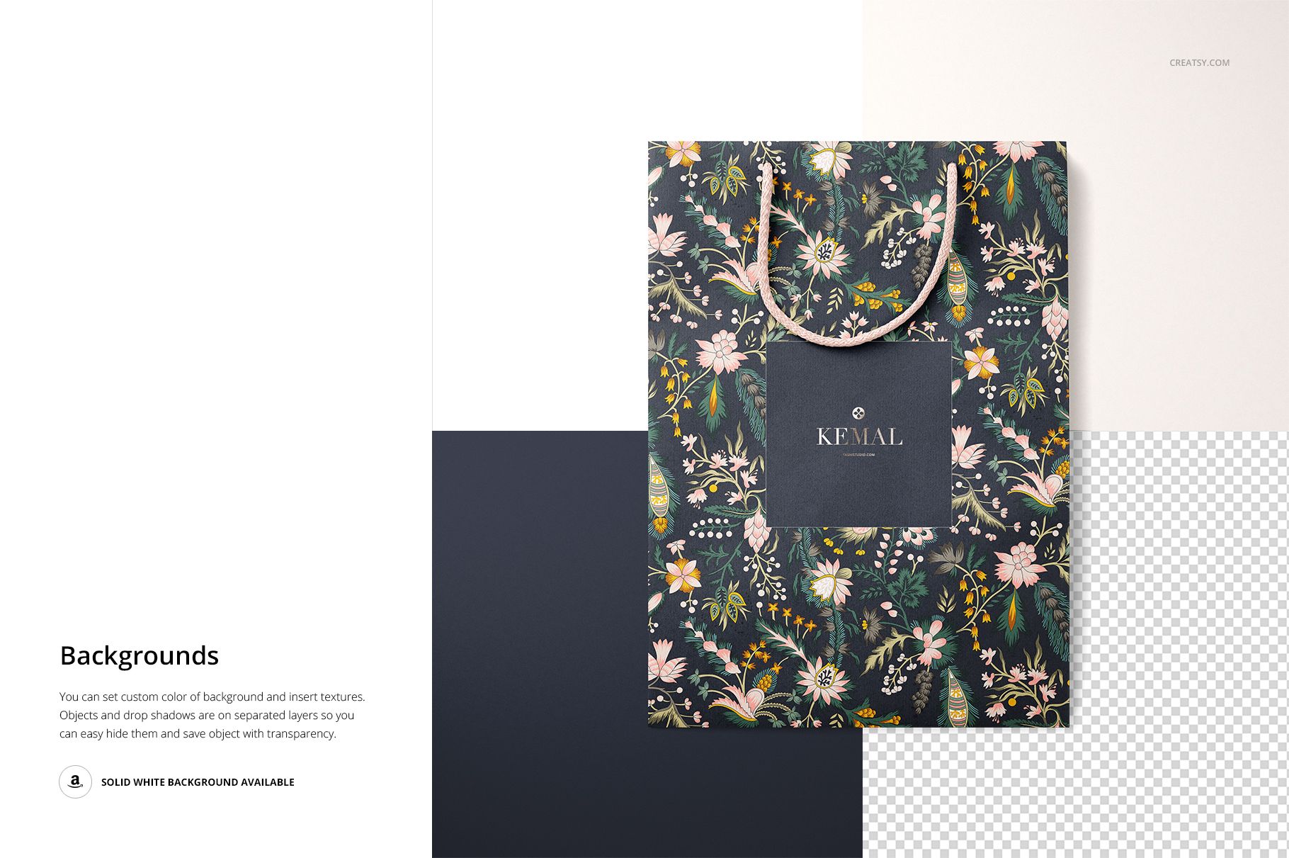 Paper bags mockup featuring a dark floral design and rope handles, positioned against a multi-color backdrop.