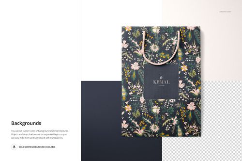 Paper bags mockup featuring a dark floral design and rope handles, positioned against a multi-color backdrop.