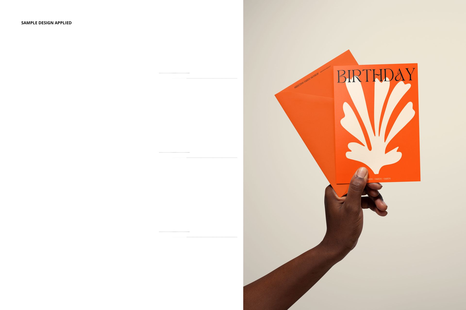 Mockup of two orange greeting cards, one with a white decorative motif and birthday lettering, held against a light backdrop.