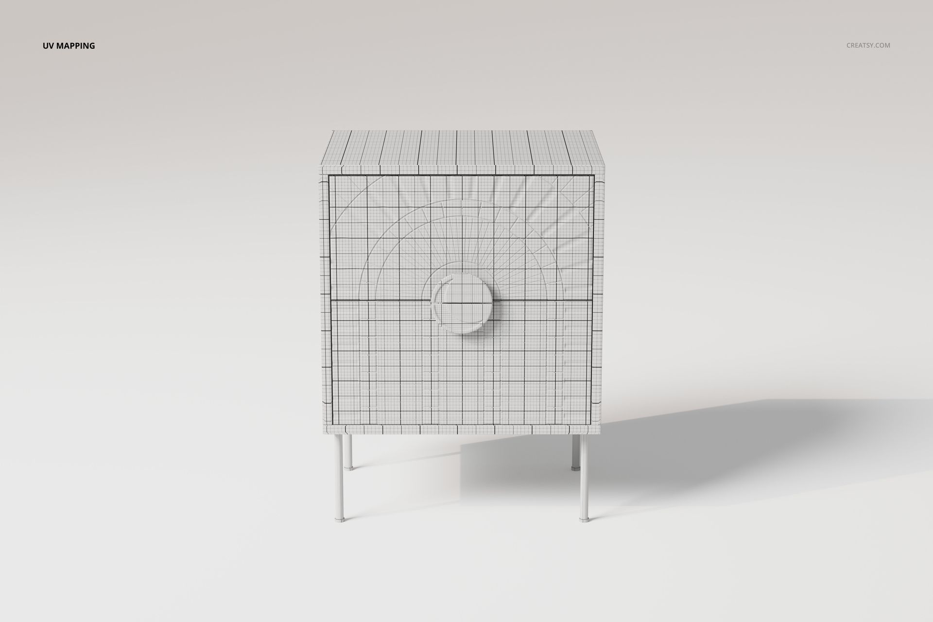 Front view of a wireframe Art Deco nightstand 3D model with geometric grid lines, set against a plain background.