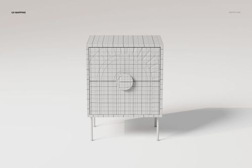 Front view of a wireframe Art Deco nightstand 3D model with geometric grid lines, set against a plain background.