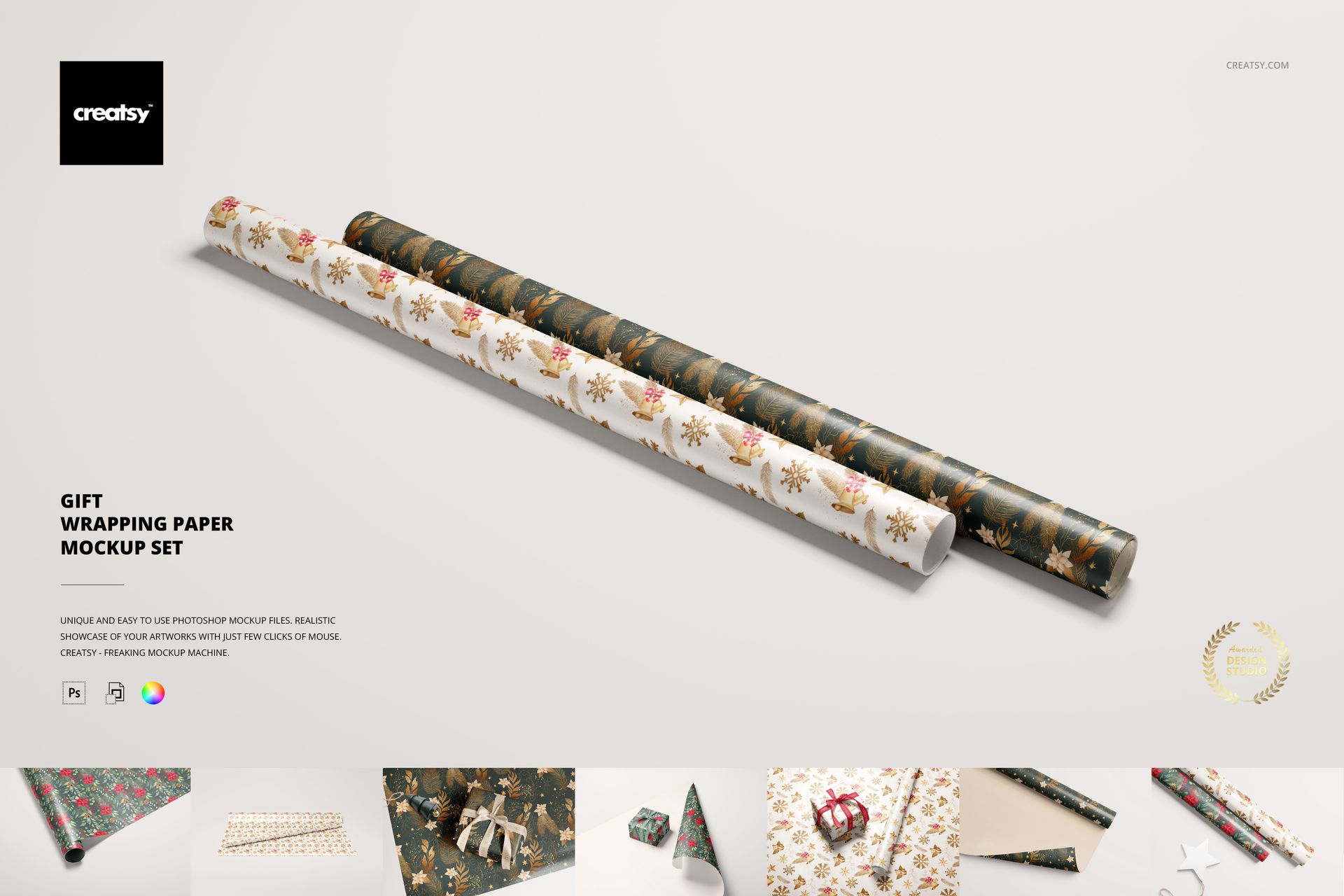 Gift wrapping paper mockup showing two rolled sheets with holiday designs, arranged diagonally on a neutral surface.