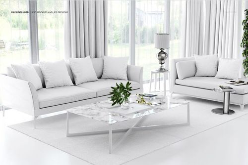 Modern living room mockup featuring two white sofas, marble coffee table, and sheer curtains in a bright space.